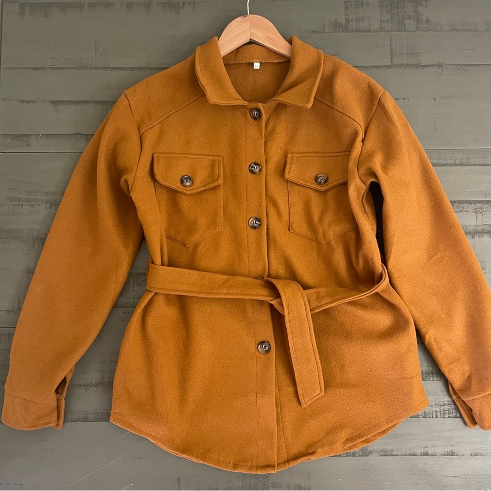 19Brown Pocket Button Belted Wrap Fitted Bohemian Brushed Utility Shacket Jacket - Picture 3 of 4